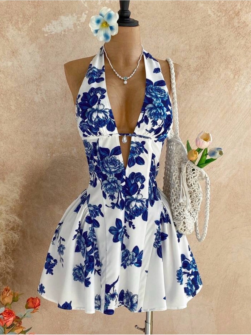 White Halter Mini Dress with Blue Floral Print